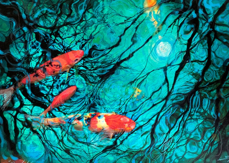 Moonlight swim, 11x17 inches, Koi wall art, Original Koi art, water reflections art, teal wall art, Original art, moon reflection, night art image 1