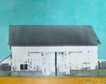 White Barn, 16x20 inches, mixed media photograph with painting and drawing added, Barns, Old barns, Farms, Countryside, Michigan made,art