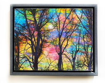 Cotton candy sunrise, 18x22inches Framed, colorful sunrise mixed media original, bare trees, Mixed media nature photograph, forrest, winter