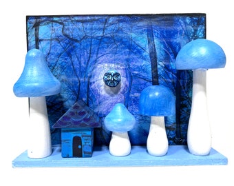 Blue moon, winter moon, Fairy House with Mushrooms, Whimsical art, tabletop decor, Dahlia House, Signore art, tree art, forest, Nature lover