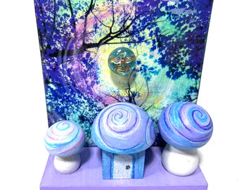 Fairy House, winter, blue and purple Fairy house with mushrooms, Woodland decor, mushroom decor, toadstools, Dahlia House, fun art, playful