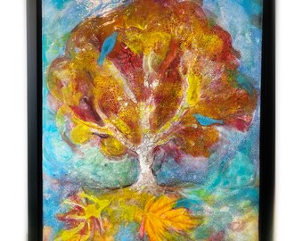 Autumn Nesting tree, 16x20 inches, Bluebirds,Framed Original painting, Contemporary paintings, Abstract tree painting, wall art tree, Fall