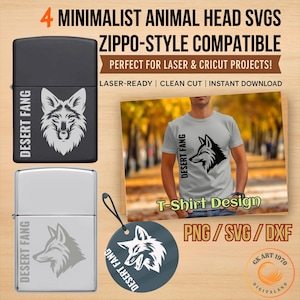 Minimalist Wolf Head SVG Bundle, Zippo Compatible Designs, T-Shirts Digital Ornaments, Laser Cut Files, Cricut Ready, Desert Fang Art