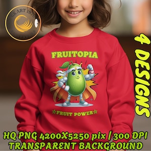 Camiseta Fruitopia Papaya Superhero, Design Digital PNG, Camiseta Infantil Fruit Power, Desenho Animado de Papaia, Fundo Transparente, Super Fruta