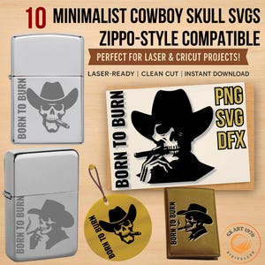 Cowboy Skull SVG Bundle,10 Western Minimalist Zippo-Style, T-shirt Designs | PNG SVG Dfx | Laser Engraving & Etching Art |Cricut Cut Files |