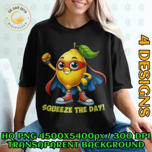 Camiseta Super Herói Limão, Design Digital, Camiseta Infantil, Arquivos PNG, Aperte o Dia, Super-herói Fruta, Personagem de Desenho Animado, Arte para Imprimir