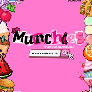 Puede incluir: Una portada de libro de cocina rosa con el título "Munchies" en una fuente audaz y juguetona. La portada está decorada con ilustraciones de comida pixeladas, incluyendo una hamburguesa, sushi y postres. El nombre del autor se muestra debajo.