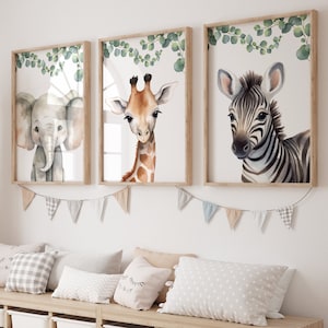 Set of 3 Safari Animal Prints For Nursery - Jungle Animal Theme Nursery Wall Art For Baby Room, Gender Neutral Kids Decor, Giraffe Zebra