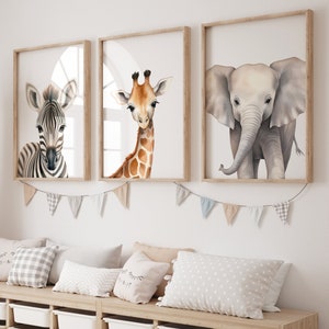 Safari Animal Prints For Nursery - Elephant, Zebra & Giraffe Set of 3 Prints - Jungle Animal Theme Nursery Wall Art For Baby Room