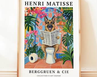 Lustiger Schäferhund Hund Badezimmer Kunst, Matisse Stil Toilettenwand Druck