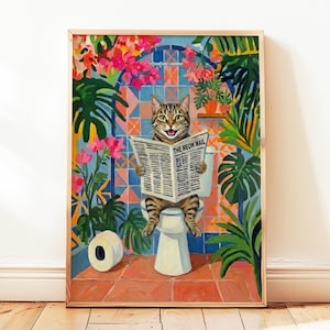 Stampa artistica da parete divertente in stile Matisse con gatto soriano marrone sul water