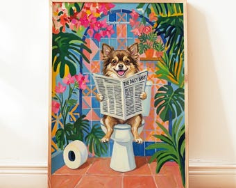 Brązowo-brązowy długowłosy pies chihuahua na toalecie Zabawny wydruk ścienny w stylu Matisse'a