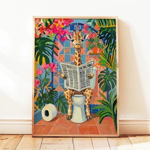 Stampa artistica da parete per bagno in stile Matisse con giraffa sul water