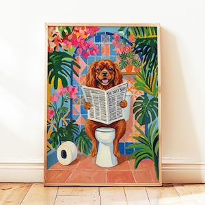 Ruby Cavalier King Charles Spaniel Hund auf Toilette Lustiger Matisse Stil Wand Kunst Druck