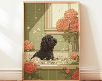 Black Cockapoo Dog Japanese Bathroom Wall Art Print, Ukiyo-e Style Japandi Décor