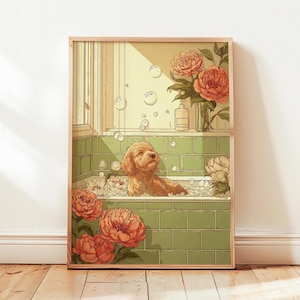 May include: Framed print of a dog in a bubble bath, surrounded by bubbles and flowers. The dog is light brown, the bathroom has green tiles, and sunlight streams through a window. The print has a warm, inviting aesthetic.