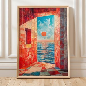 Surreal Seascape Doorway Art Print — Red Tile Sunset Modern Coastal Wall Art
