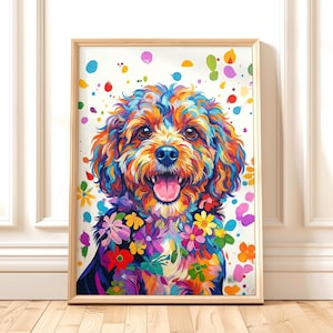 Impresión pop art de un perro Cavapoo colorido, póster divertido y vibrante
