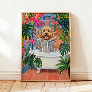 Aprikos Cockapoo i badet Rolig väggkonsttryck i Matisse-stil