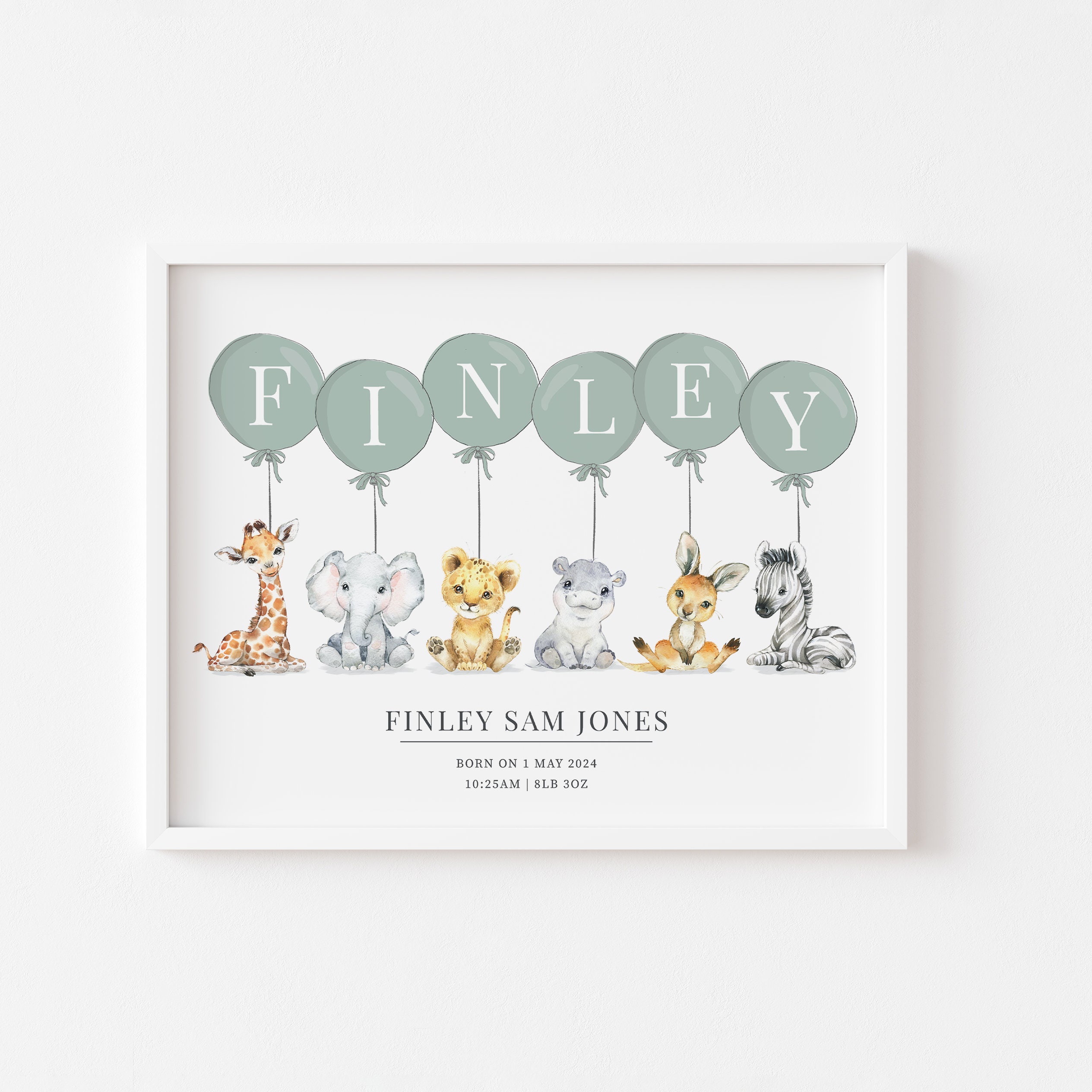 Personalised Baby Name Print, Safari Name Print, Safari Personalised, Christening Gift, New Baby Gift, Balloon Name Print, Nursery Print