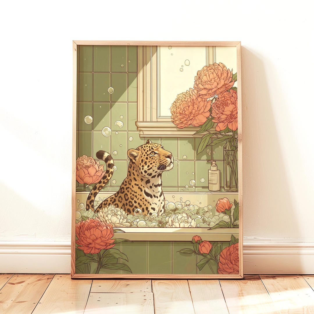 Leopard in the Bath, Bathroom Wall Art Print, Japanese Decor, Ukiyo-e ...
