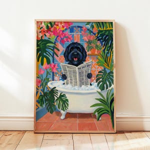 Svart Cockapoo hund i badet Rolig väggkonsttryck i Matisse-stil