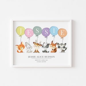 Personalised Woodland Baby Name Print, Woodland Name Print, Woodland Personalised, Christening Gift, New Baby Gift, Balloon Name Print