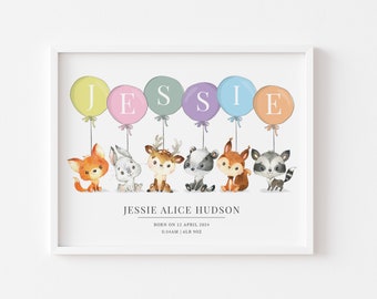 Personalised Woodland Baby Name Print, Woodland Name Print, Woodland Personalised, Christening Gift, New Baby Gift, Balloon Name Print
