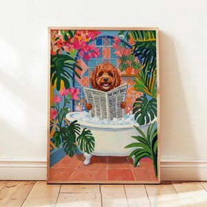 May include: A colourful painting of a brown curly-haired dog sitting in a white clawfoot bathtub filled with bubbles. The dog holds a newspaper titled The Daily Bark. The scene is surrounded by vibrant green tropical leaves and pink flowers.