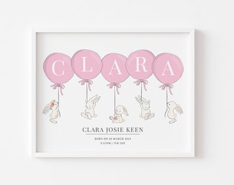 Personalised New Baby Name Print, Bunny Name Print, Personalised Gift, Christening Gift, New Baby Gift, Balloon Name Print, Nursery Print