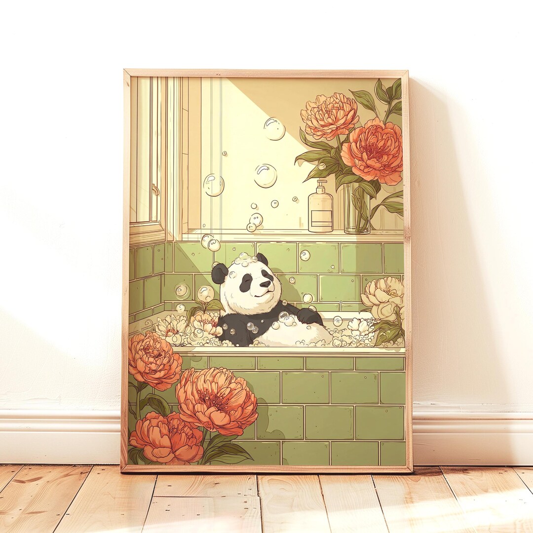Funny Panda Having A Bath Wall Art Print, Japanese Bathroom Decor ...