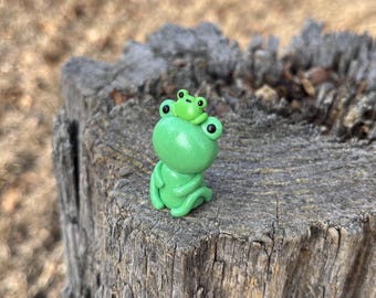 Polymer Clay Sitting Frog on Frog, Desk Friend, Handmade Clay Totem, Clay Sculpture