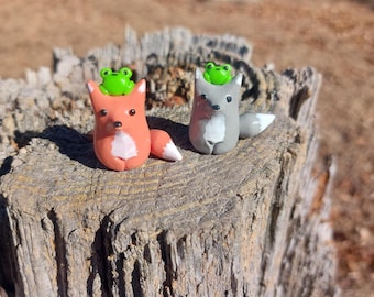 Polymer Clay Sitting Fox/Wolf Figurine w/ Frog on Head, Desk Friend, Handmade Clay Totem, Clay Sculpture