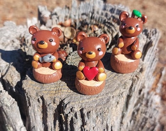 Polymer Clay Sitting Bear on Log Figurine, Desk Friend, Handmade Clay Totem, Clay Sculpture
