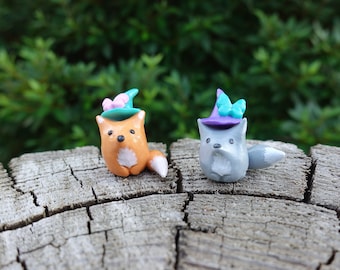 Polymer Clay Sitting Fox/Wolf Figurine w/ Butterfly Hat, Desk Friend, Handmade Clay Totem, Clay Sculpture