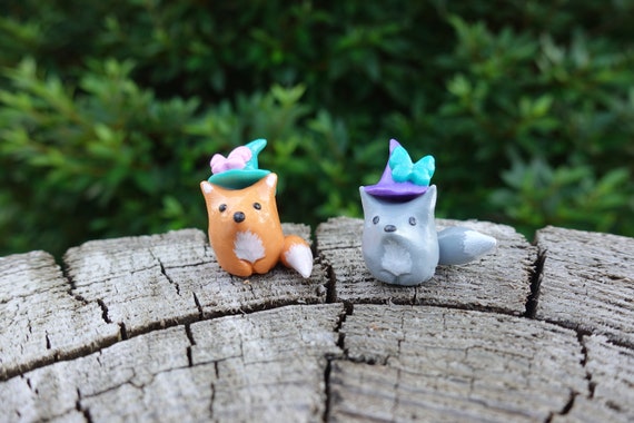 Polymer Clay Sitting Fox/Wolf Figurine w/ Butterfly Hat, Desk Friend, Handmade Clay Totem, Clay Sculpture