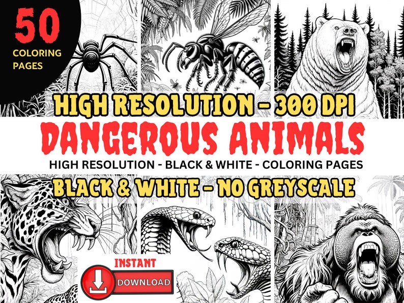 50 Dangerous Animals Coloring Pages Adults Older Kids B&W Digital ...