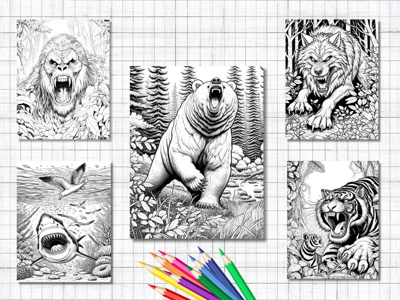 50 Dangerous Animals Coloring Pages Adults Older Kids B&W Digital ...