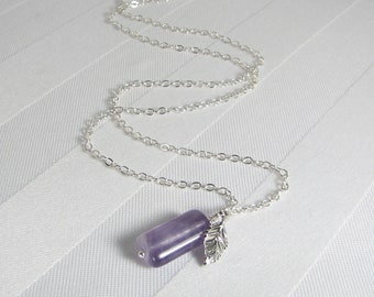 Amethyst and Sterling Silver Leaf Charm Necklace