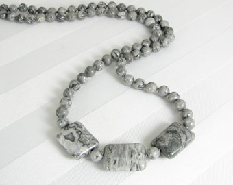 Handknotted Gray Crazy Lace Agate and Sterling Silver Necklace