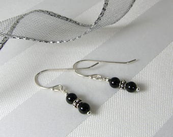Black Onyx Beads with Bali-Style Rondelles Sterling Silver Earrings