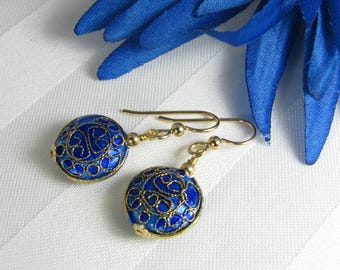 Gold-Filled Earrings with  Blue Cloisonne Disks