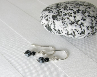 Tiny Snowflake Obsidian, Black Onyx, and Sterling Silver Earrings