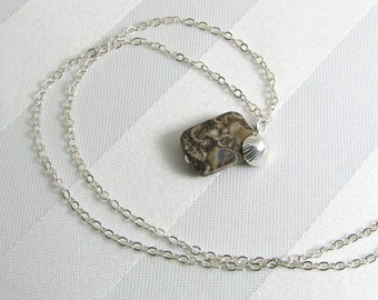Turritella Agate and Sterling Silver Shell Charm Necklace