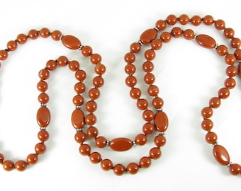 Long Hand-Knotted Red Jasper and Sterling Silver Necklace