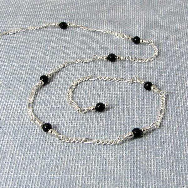 Black Onyx and Sterling Silver Chain Adjustable Anklet