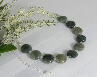 Green Striped Quartz and Sterling Silver Chain Necklace