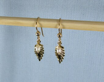 Gold Leaf Charm Earrings with Tiny White Pearl