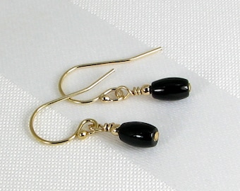 Tiny Black Onyx Ovals and Gold Earrings