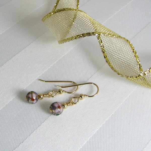 Gold Filled Earrings with Lavender Cloisonne